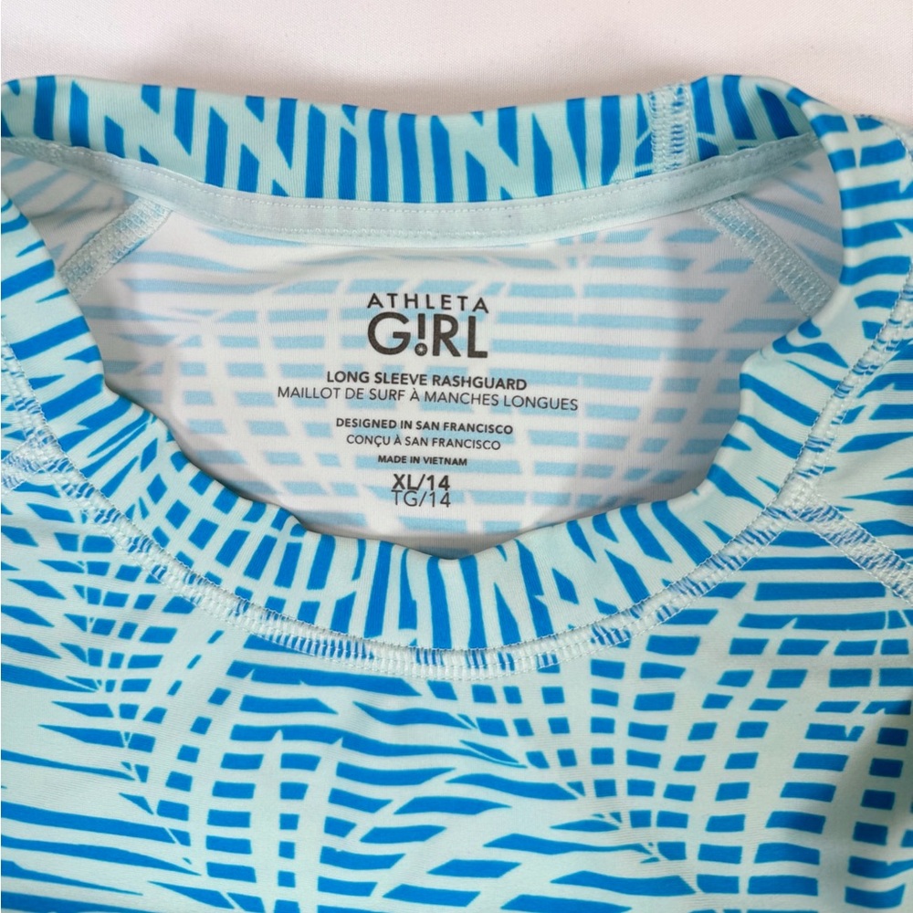 ATHLETA GIRL Blue Long Sleeve Rash Guard Swim Shirt Geometric Print Girls XL 14 - Picture 2 of 12